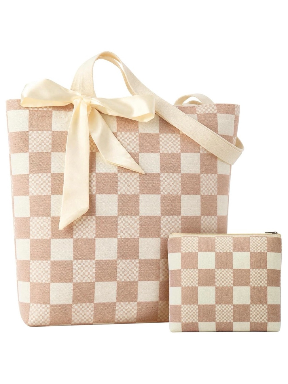 2 Piece Canvas Checkered Tote w/ Removable Scarf